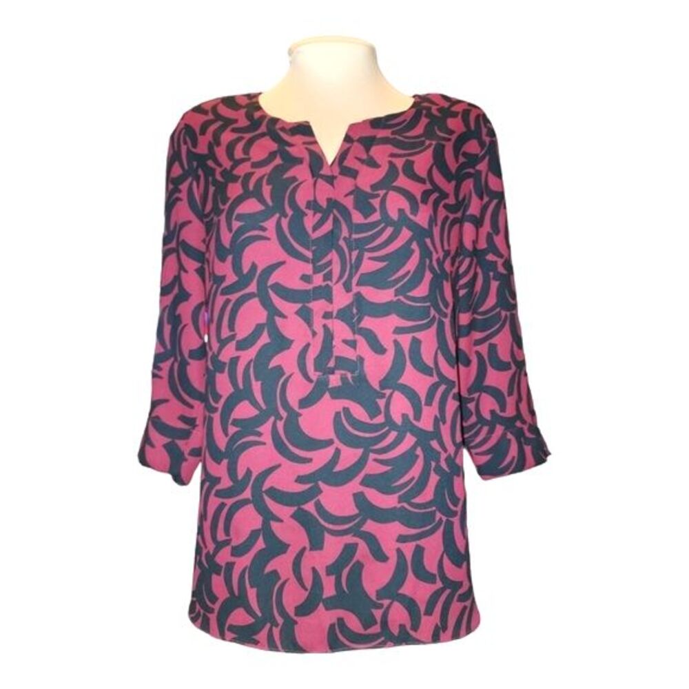 Dana Buchman Red & Black Polyester 3/4 Sleeve V-Neck Blouse‎ Size M